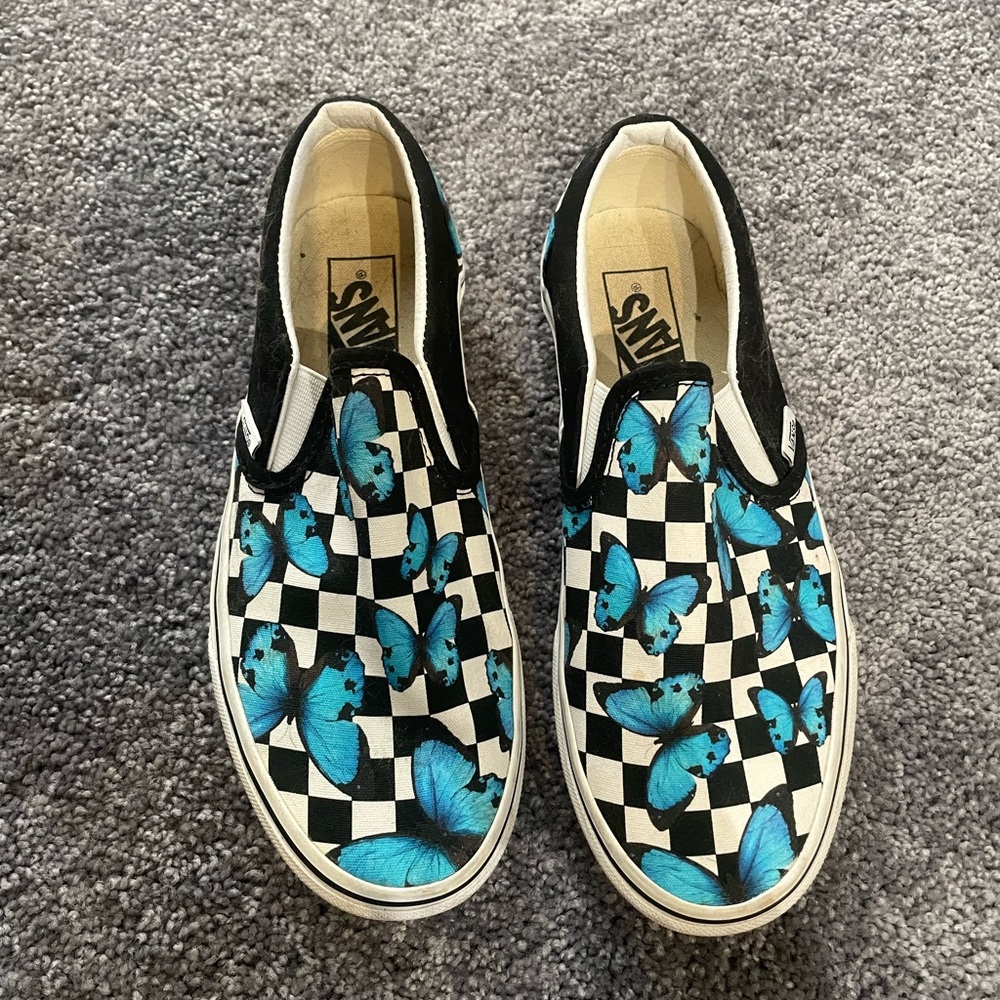 Vans Black and White Slip-Ons with Blue Butterflies